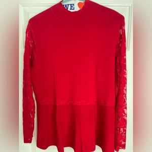 Women’s Plus Inc. Mock Neck Red Peplum Knit Sweater with Lace Sleeves